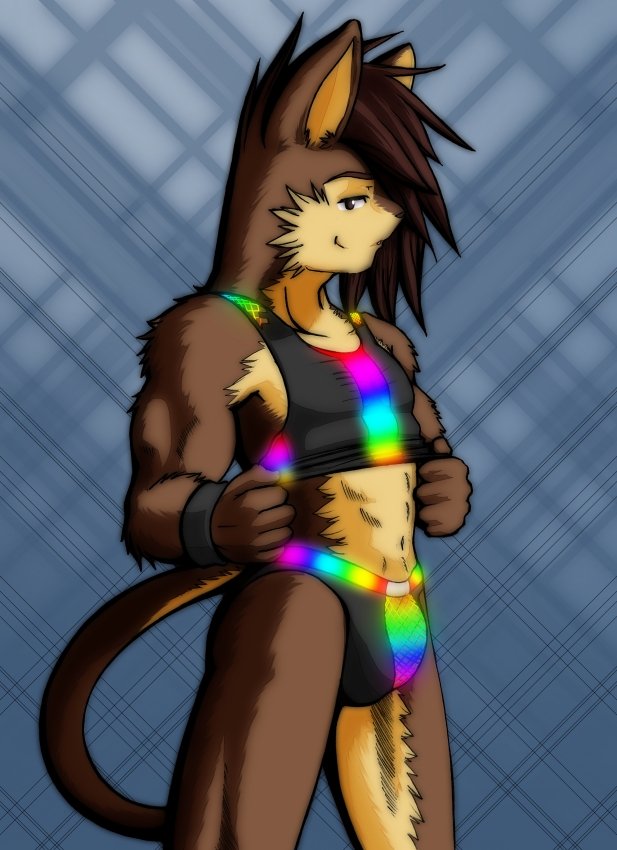 bright brown brown_fur brown_hair bulge clothed clothing feline fur hair long_hair male mammal pose rainbow shiny shiuk smile solo tail thong tight_clothing underwear wristband