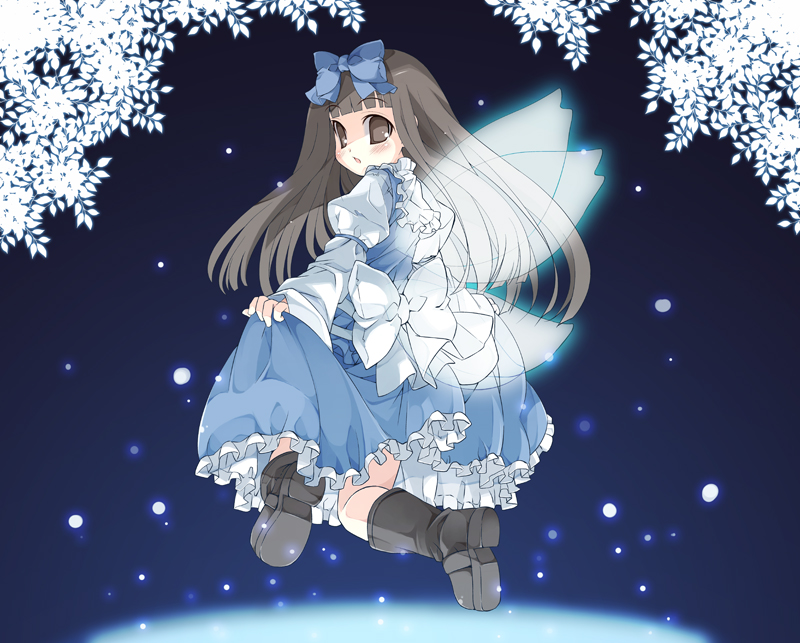 bad_id bad_pixiv_id boots brown_eyes brown_hair dress dress_lift fairy from_behind hair_ribbon long_hair ribbon solo star_sapphire touhou umizono wings