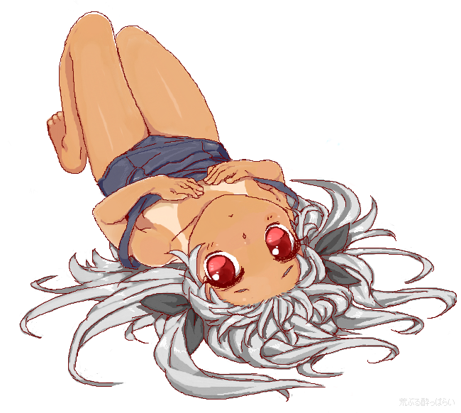:&lt; bad_id bad_pixiv_id barefoot face flat_chest foreshortening long_hair looking_at_viewer lying oekaki on_back one-piece_swimsuit original red_eyes rkrk school_swimsuit silver_hair solo swimsuit swimsuit_pull tan tanline upside-down