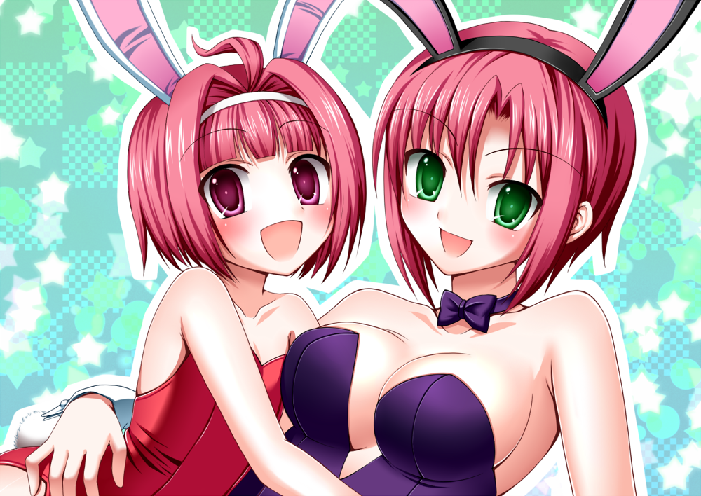 :d animal_ears bucchake_(asami) bunny_ears bunny_tail bunnysuit green_eyes hug mint_clark multiple_girls open_mouth pink_hair purple_eyes rio_rollins short_hair smile super_blackjack tail