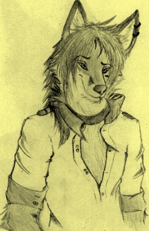 anthro black_and_white canine clothed clothing collar daisukedog drawing fleeks fox hair male mammal monochrome pencil plain_background sepia shirt sketch smile solo traditional_media yellow_background yellow_theme