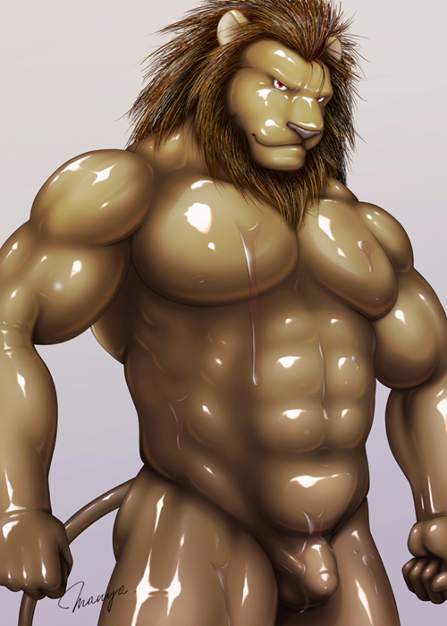 biceps big_muscles bulge feline fur latex latex_suit lion looking_at_viewer male mammal manya muscles nipples nude pecs rubber rubber_suit shiny solo