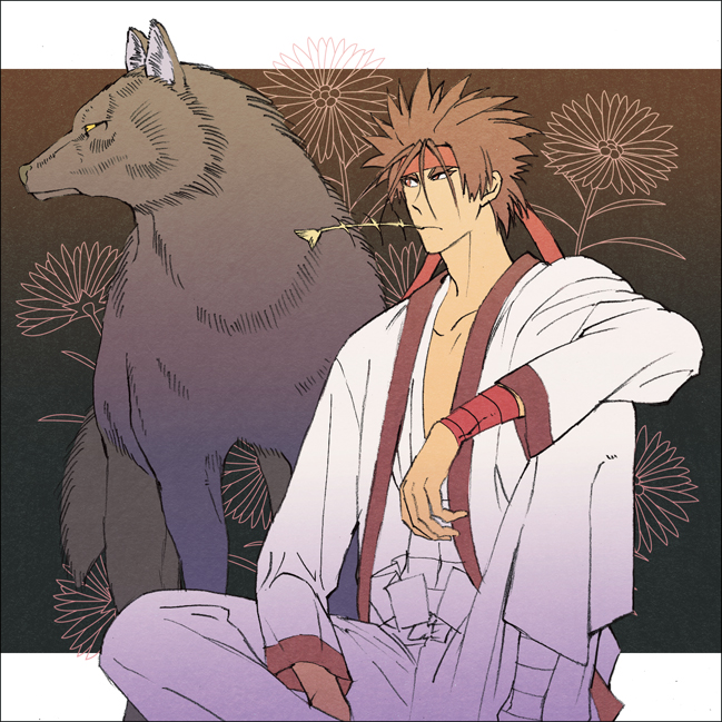 border brown_hair flower male_focus rurouni_kenshin sagara_sanosuke shinki_(ed4th6262) solo wolf
