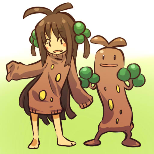 antenna_hair barefoot brown_hair contrapposto frown gen_2_pokemon hair_bobbles hair_ornament hitec long_hair moemon open_mouth personification pokemon pokemon_(creature) short_twintails sleeves_past_wrists smile standing sudowoodo sweater twintails