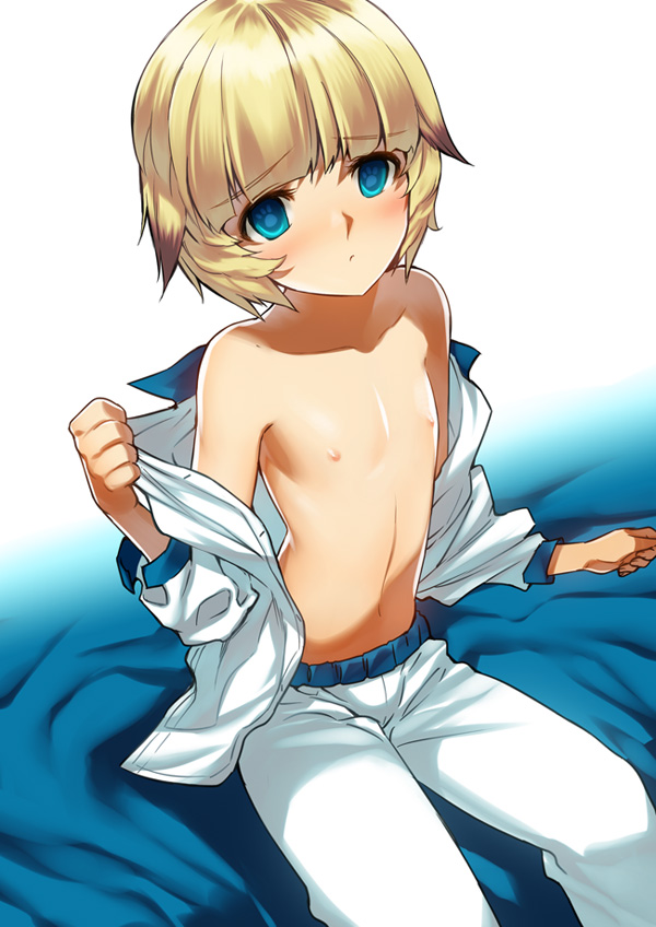blonde_hair chung_seiker elsword from_above guardian_(elsword) hair_flaps male_focus navel nipples otoko_no_ko paw_print ress shirtless short_hair sitting solo symbol-shaped_pupils undressing white_background