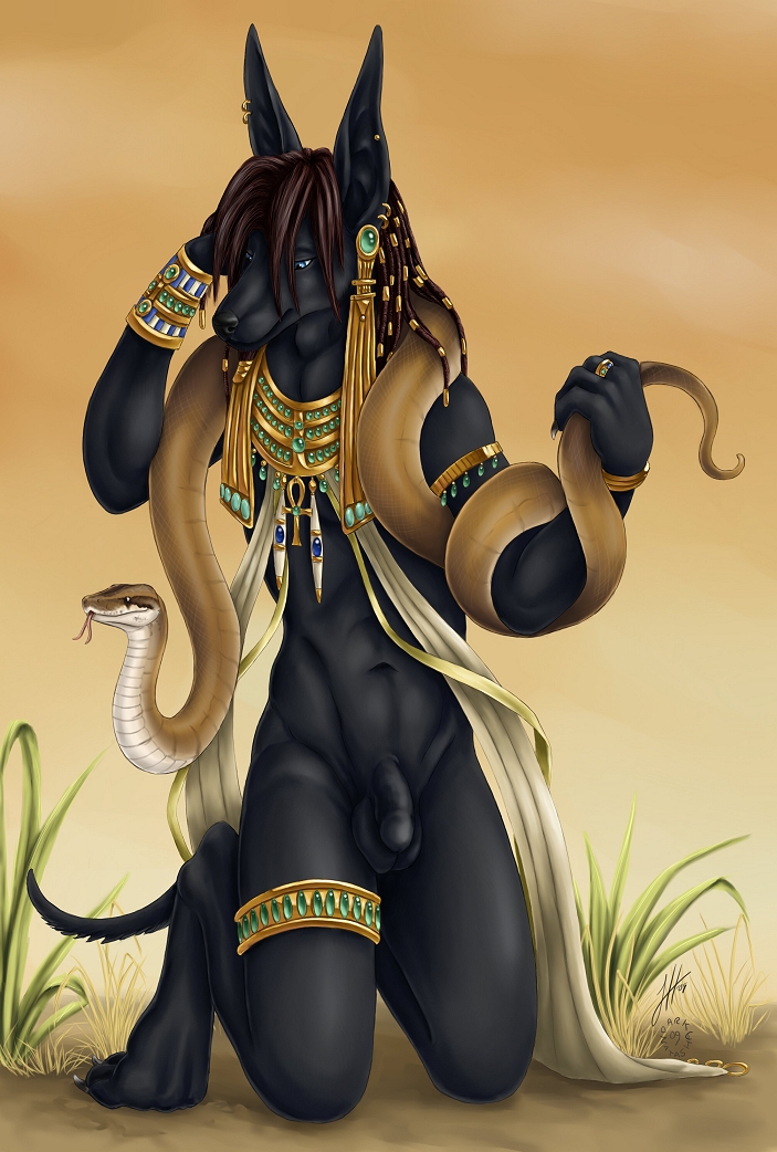 anubian_jackal anubis black canine deity egyptian feral flaccid jackal jewelry male muscles penis pose snake solo