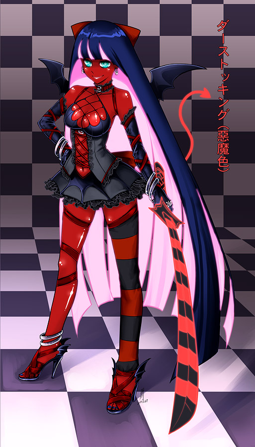 al_bhed_eyes alternate_costume antaria breasts choker cleavage dark_persona demon_girl demon_wings earrings gloves high_heels jewelry long_hair medium_breasts navel panty_&amp;_stocking_with_garterbelt red_skin shoes single_thighhigh solo spoilers stocking_(psg) striped striped_legwear sword thighhighs translated very_long_hair weapon wings