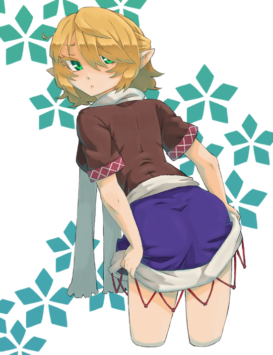 :&lt; ass blonde_hair from_behind green_eyes ke-su mizuhashi_parsee pointy_ears scarf short_hair solo touhou