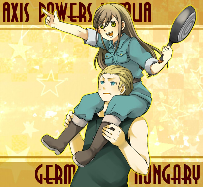 axis_powers_hetalia belt blue_eyes boots carry carrying couple fingerpoint frying_pan germany_(hetalia) green_eyes hungary_(hetalia) jewelry necklace pointing sweatdrop tear to_victory uniform