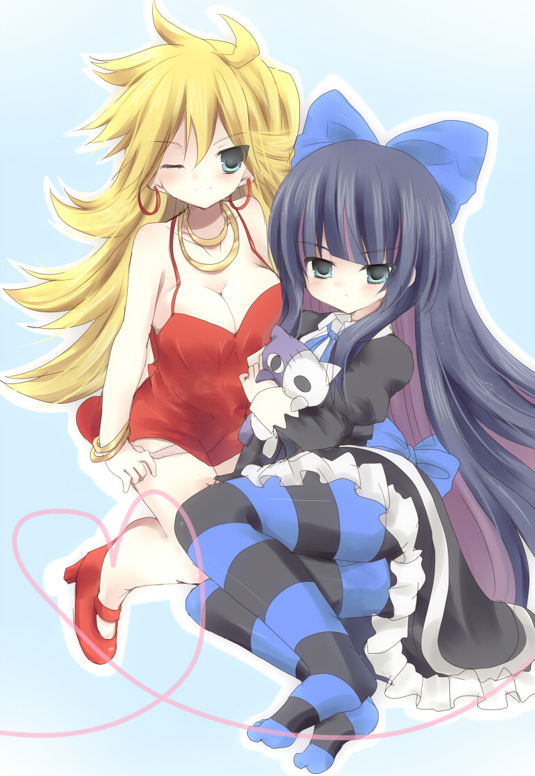 blush breasts cleavage dress goth gothic panty_&amp;_stocking_with_garterbelt panty_(character) panty_(psg) smile stocking_(character) stocking_(psg) wink