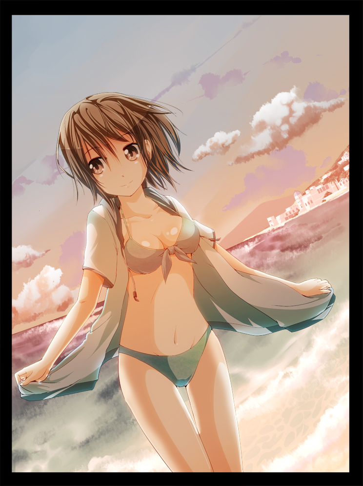 aioi_aoi beach bikini breasts brown_eyes brown_hair cleavage front-tie_top medium_breasts navel ocean open_clothes open_shirt original shirt solo swimsuit