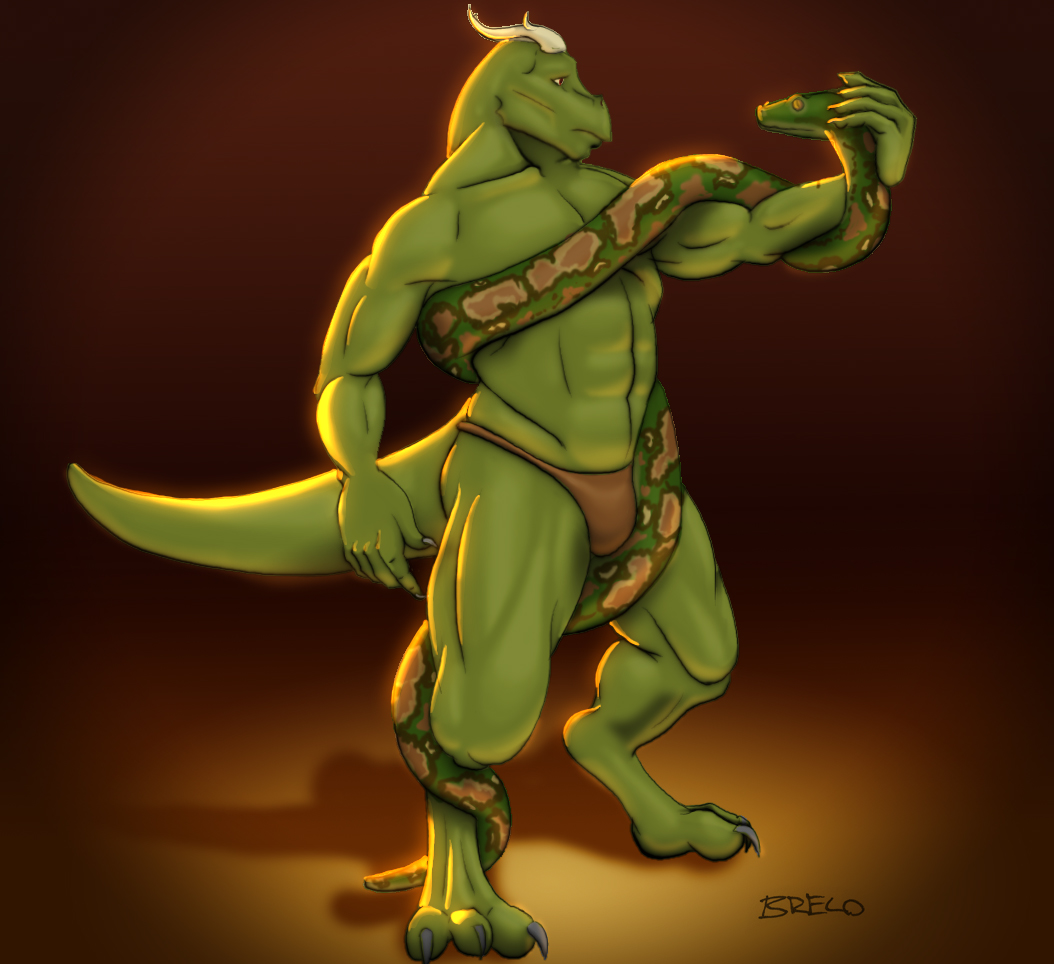 brelo_(artist) bulge dragon green green_body jockstrap loincloth male muscles pose reptile scalie snake solo strap thong underwear