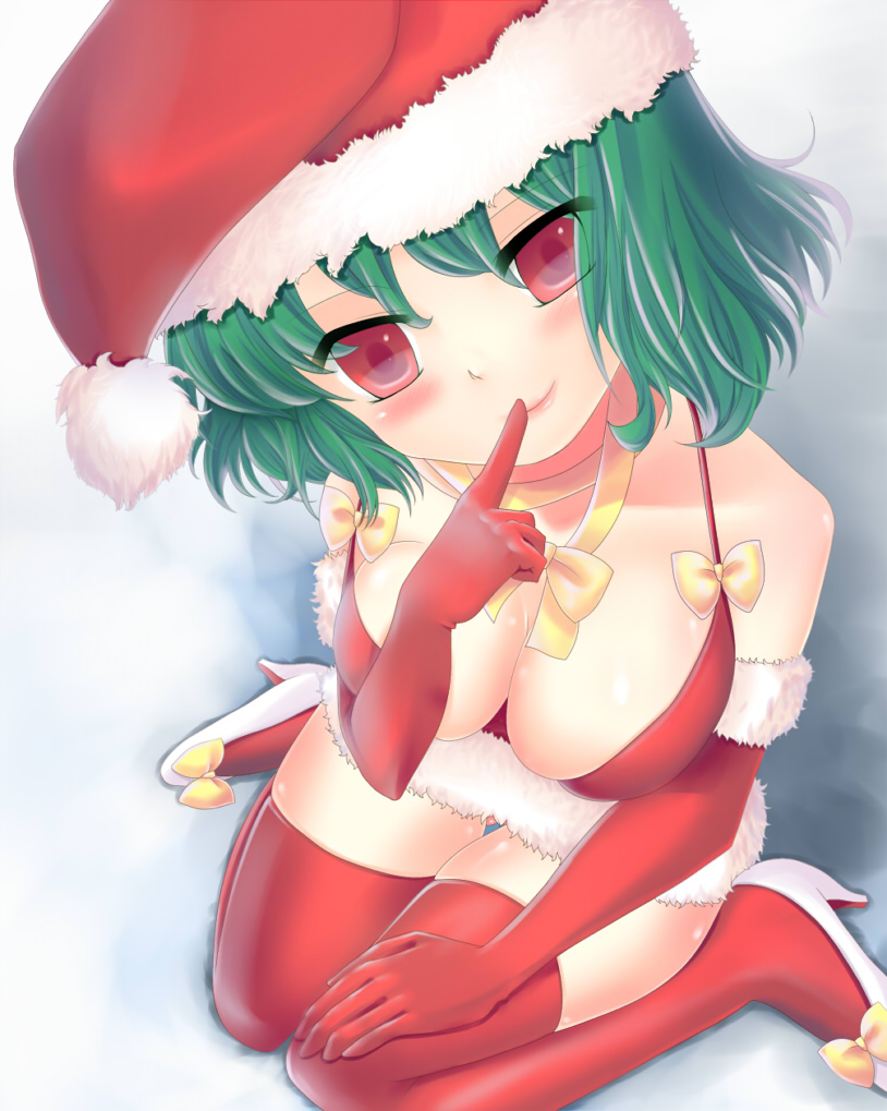 asaca-yamashimo bad_id bad_pixiv_id blush breasts christmas cleavage elbow_gloves finger_to_mouth from_above fur_trim gloves green_hair hat head_tilt high_heels kazami_yuuka large_breasts lipstick looking_up makeup red_eyes red_gloves red_legwear santa_costume santa_hat shoes short_hair sitting smile solo thigh_gap thighhighs touhou wariza