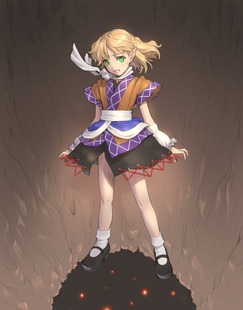 arm_warmers bad_id bad_pixiv_id blonde_hair green_eyes mary_janes mizuhashi_parsee pointy_ears sano_toshihide scarf shoes short_hair solo sweatdrop touhou white_legwear