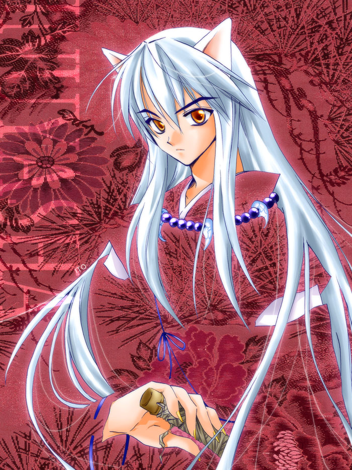 animal_ears bad_id bad_pixiv_id dog_ears fingernails flower inuyasha inuyasha_(character) ito jewelry long_fingernails long_hair male_focus necklace red silver_hair solo sword weapon yellow_eyes