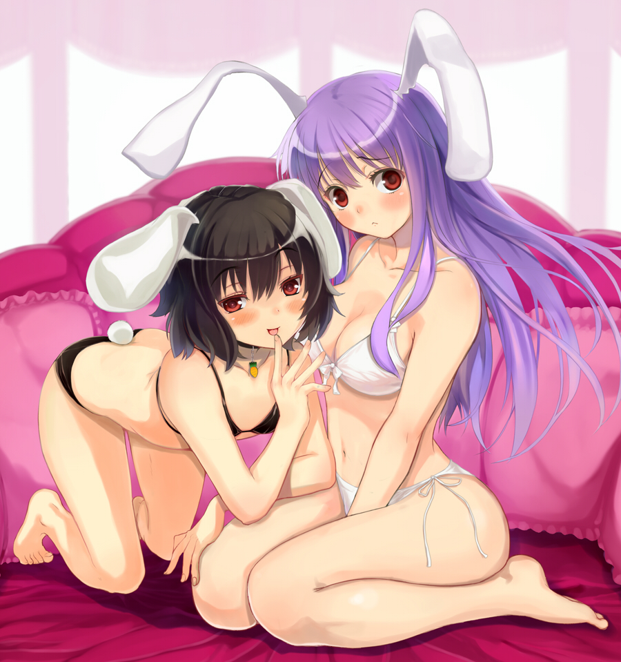 :&lt; :p all_fours animal_ears barefoot black_hair blush bra breasts bunny_ears bunny_tail cleavage couch face feet hands hareno_chiame inaba_tewi lingerie long_hair looking_at_viewer medium_breasts multiple_girls naughty_face panties purple_hair red_eyes reisen_udongein_inaba short_hair side-tie_panties sitting tail teasing tongue tongue_out touhou underwear underwear_only wariza