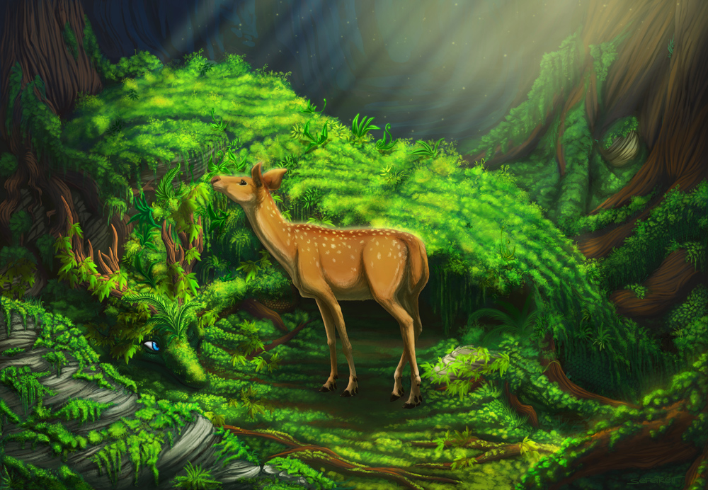 background camo cervine color deer detailed_background doe dragon female feral fern forest fur hidden hooves horn horns male mammal moss nihlidh non-anthro rocks roots scales scalie sefeiren spots spotted_fur sunlight tail tree trees unaware vines wings wood