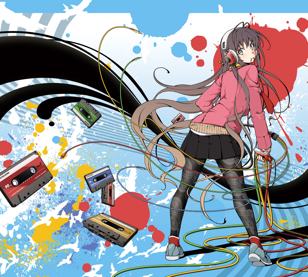 abstract aka_ringo black_hair brown_eyes cable cassette_tape colorful from_behind gradient_hair headphones leaning_forward legs long_hair looking_back mouth_hold multicolored_hair original paint_splatter pantyhose pleated_skirt print_legwear skirt solo standing sweater