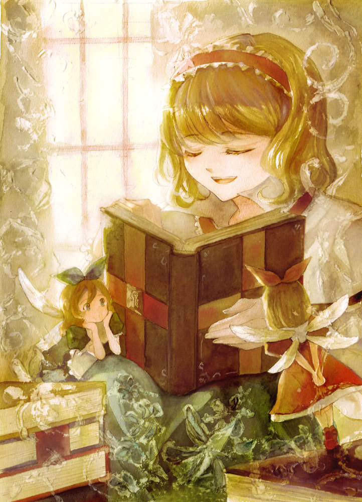 acrylic_paint_(medium) alice_margatroid arms_behind_back bad_id bad_pixiv_id blonde_hair book book_focus chin_rest closed_eyes doll from_behind hairband hourai_doll keiko_(mitakarawa) reading shanghai_doll short_hair solo touhou traditional_media window wings