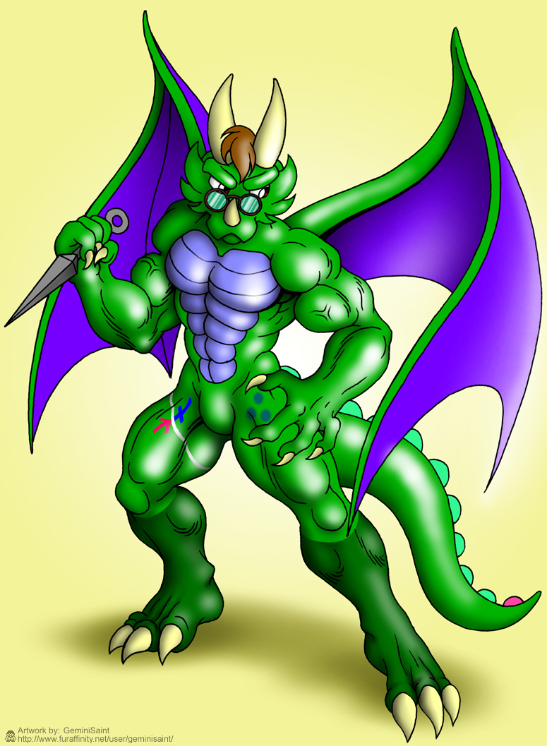 buff draggy dragon dragoncima13 eyewear fury glasses green green_body horn horns knife kunai muscles ninja nude tail tattoo unknown_artist weapon wings