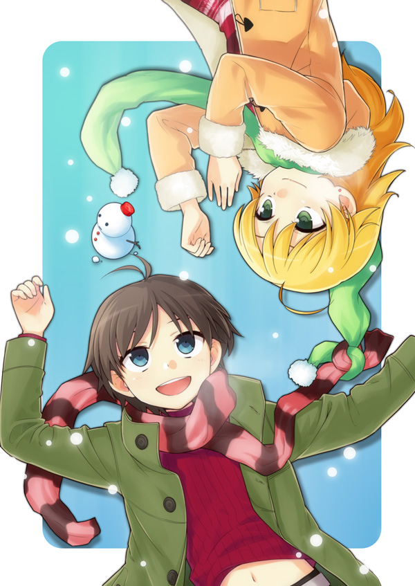 black_hair blonde_hair blue_eyes coat face green_eyes heebee hoshii_miki idolmaster idolmaster_(classic) kikuchi_makoto long_hair multiple_girls scarf short_hair snow snowman striped striped_scarf winter_clothes