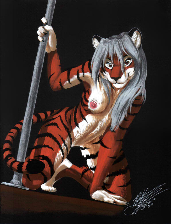 feline female grey_hair hair k'sharra k'sharra ksharra looking_at_viewer mammal nude pole solo tiger