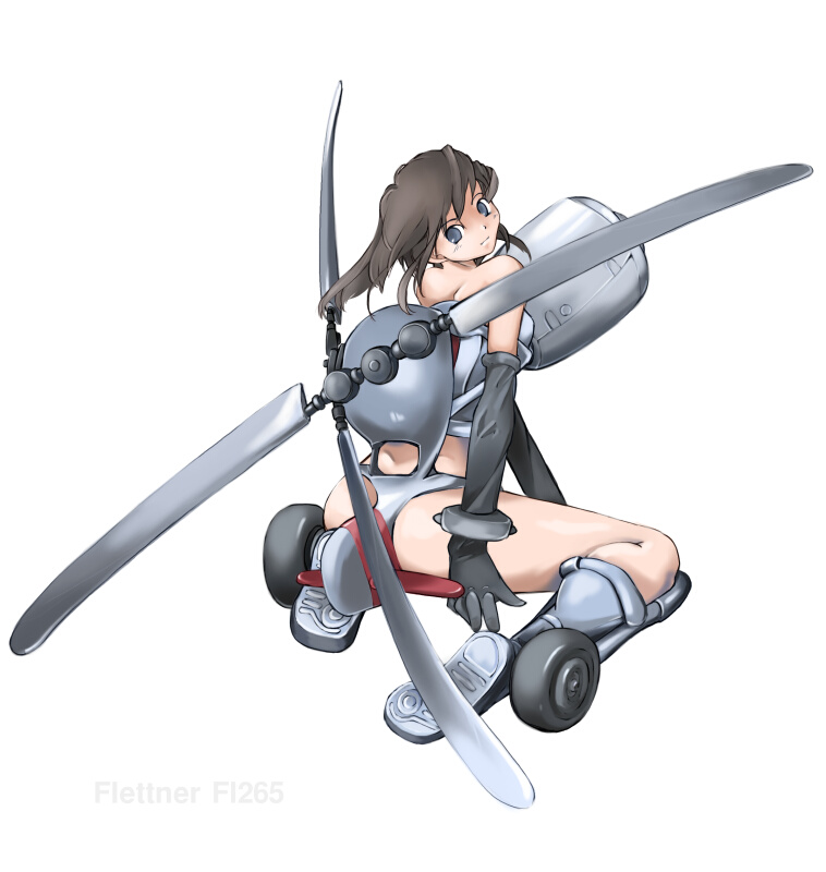 aircraft ass blue_eyes brown_hair flettner_fl265 helicopter long_hair looking_back mecha_musume military nano original simple_background solo