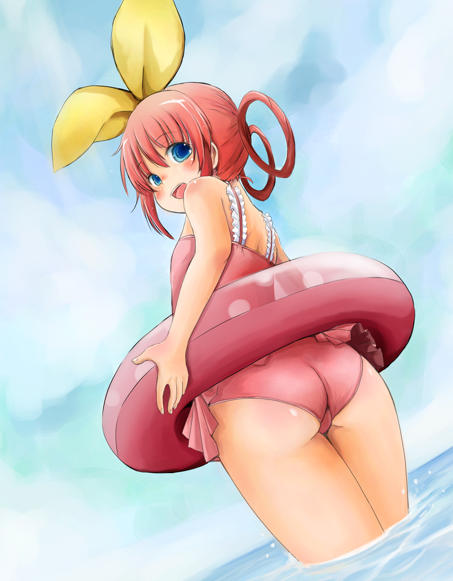 ass blue_eyes blush casual_one-piece_swimsuit dutch_angle haruyukiko innertube looking_back one-piece_swimsuit pink_hair pink_swimsuit ribbon sherlock_shellingford solo swimsuit tantei_opera_milky_holmes trefoil twintails wading