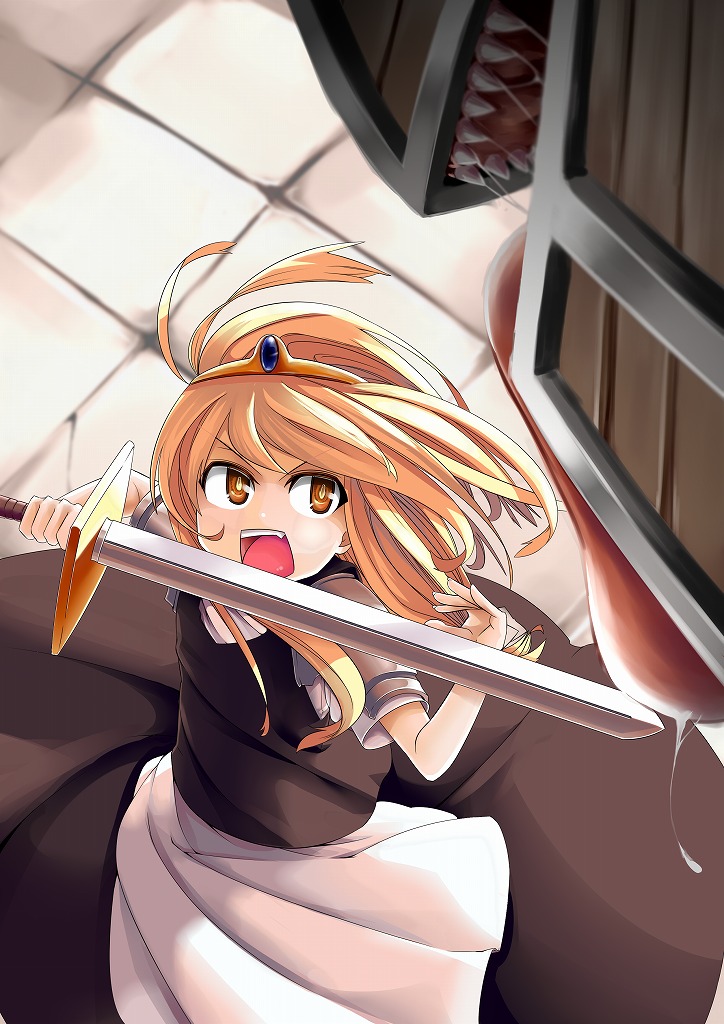 bad_id bad_pixiv_id blonde_hair fang kirisame_marisa long_hair mimic mimic_chest monster orange_eyes saliva shamo_(koumakantv) solo sword teeth tiara touhou weapon