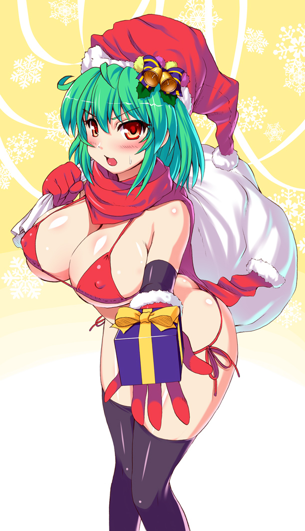 bikini black_legwear blush breasts butt_crack christmas covered_nipples embarrassed foreshortening gift gloves green_hair hat holding holding_gift incoming_gift kawase_seiki large_breasts leaning_forward legs looking_at_viewer micro_bikini open_mouth original red_eyes red_gloves sack santa_hat shiny shiny_skin side-tie_bikini skindentation solo strap_gap swimsuit thighhighs thighs
