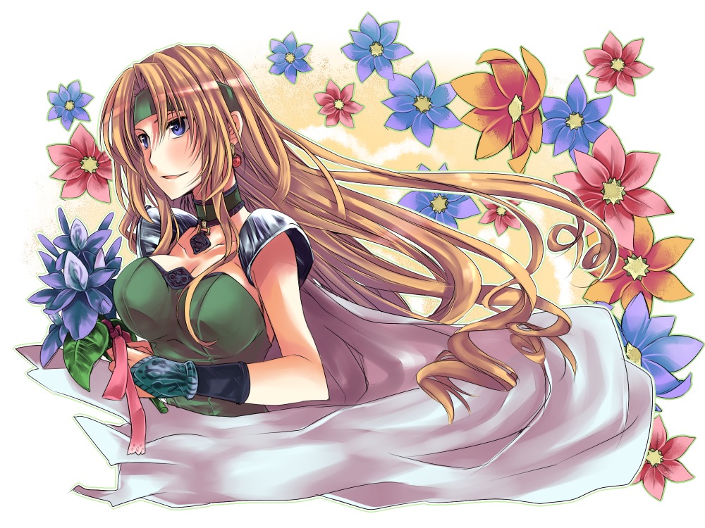 blonde_hair blue_eyes breasts celes_chere cleavage collar earrings final_fantasy final_fantasy_vi flower headband jewelry large_breasts long_hair naridon solo