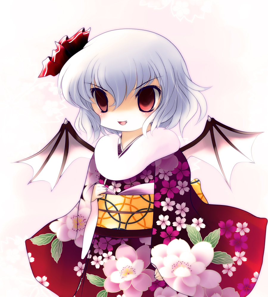 alternate_costume bat_wings blue_hair bow fang japanese_clothes kimono obi red_eyes remilia_scarlet sash short_hair solo touhou wings yume_shokunin