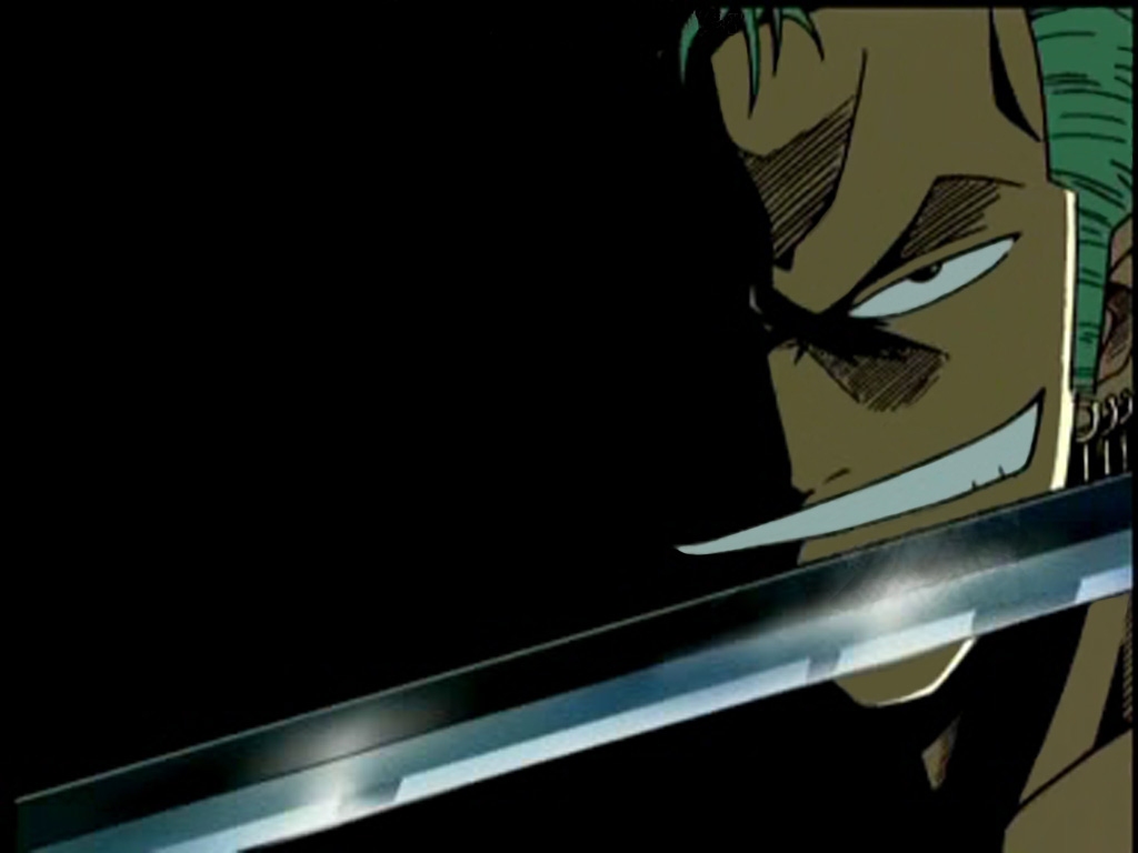 1boy badass earrings evil_grin evil_smile green_hair grin jewelry male male_focus official_art one_piece rape_face roronoa_zoro smile solo sword weapon you_gonna_get_raped