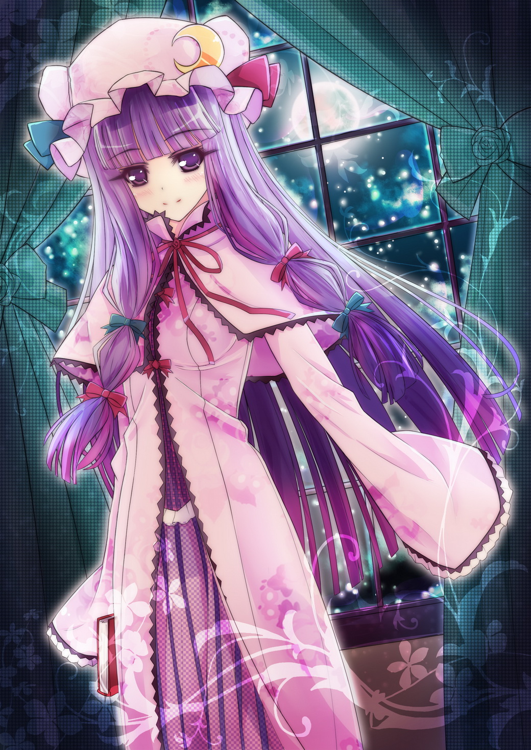 bad_id bad_pixiv_id bondson book bow crescent full_moon hair_bow hat highres long_hair moon patchouli_knowledge purple_eyes purple_hair sleeves_past_wrists solo touhou