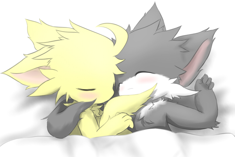 blush canine duo fox gay hug male mammal plain_background tail white_background wolf zefi