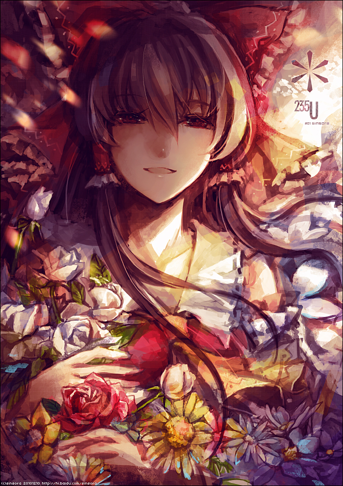 bad_id bad_pixiv_id bow brown_eyes brown_hair chemical_element chemical_symbol chemistry detached_sleeves flower hair_bow hakurei_reimu long_hair nature red_flower red_rose rose sinsora smile solo sunflower touhou upper_body uranium white_flower white_rose