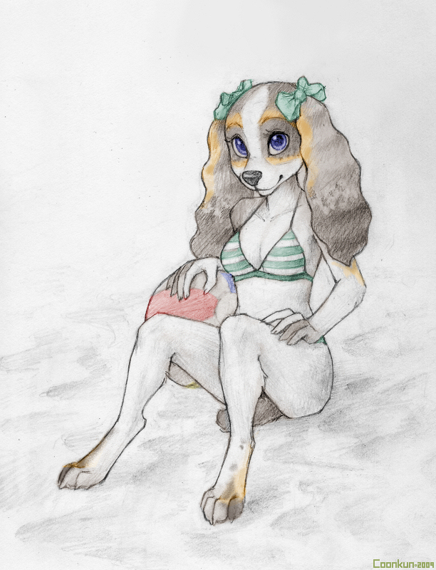 beach_ball bikini black_nose blue_eyes bow breasts claws clothed coonkun cub female long_ears sitting skimpy solo