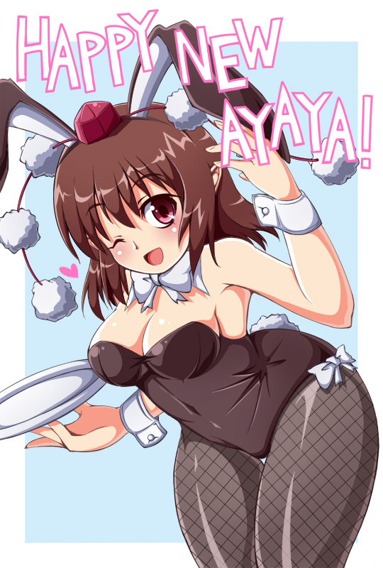 animal_ears ayaya~ bad_anatomy bad_id bad_pixiv_id blush brown_hair bunny_ears bunny_tail bunnysuit fishnet_pantyhose fishnets hat looking_at_viewer nakaya open_mouth pantyhose red_eyes shameimaru_aya short_hair smile solo tail tokin_hat touhou wrist_cuffs