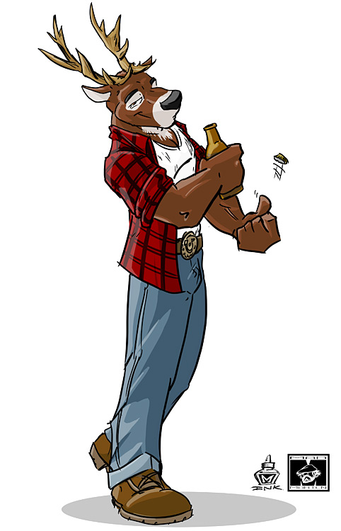 belt black_nose boots bottle bottle_cap cervine clothed clothing deer flannel horn horns jeans looking_at_viewer male mammal mongoose_ink plaid plain_background solo white_background