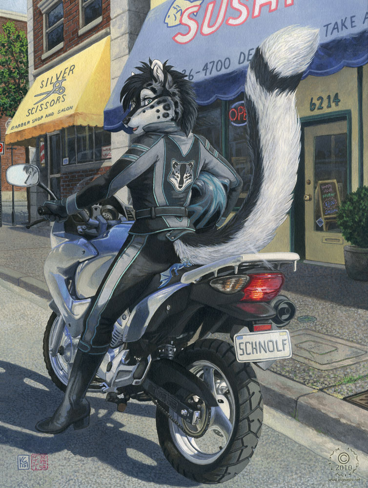 black_hair black_markings blue_body boots building city clothed clothing day feline female fur hair helmet hida hybrid kacey leopard mammal markings micro mirror motorcycle outside realistic schnolf snow_leopard solo street tail tani town white_fur