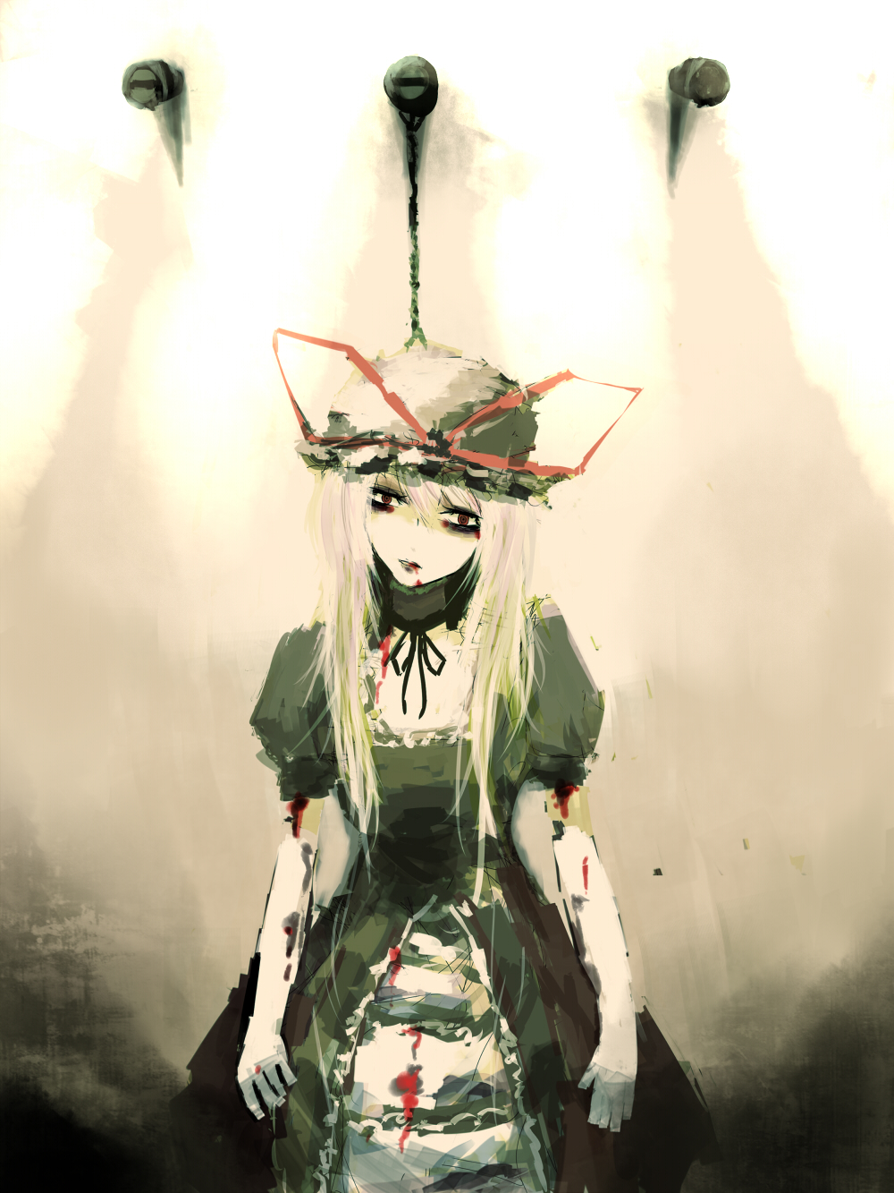 bad_id bad_pixiv_id blonde_hair blood death empty_eyes face hanged hat highres long_hair red_eyes rope solo touhou violence_kumahina yakumo_yukari