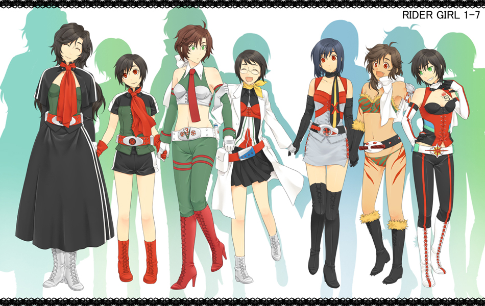 bare_shoulders black_hair boots brown_hair detached_sleeves elbow_gloves fang fur_trim genderswap genderswap_(mtf) glasses gloves green_eyes height_difference high_heel_boots high_heels holding_hands kamen_rider kamen_rider_1 kamen_rider_2 kamen_rider_amazon kamen_rider_amazon_(series) kamen_rider_stronger kamen_rider_stronger_(series) kamen_rider_v3 kamen_rider_v3_(series) kamen_rider_x kamen_rider_x_(series) labcoat locked_arms long_hair midriff multiple_girls navel necktie red_eyes rider-tan riderman scarf short_hair shorts skirt smile thighhighs yamamaru zettai_ryouiki