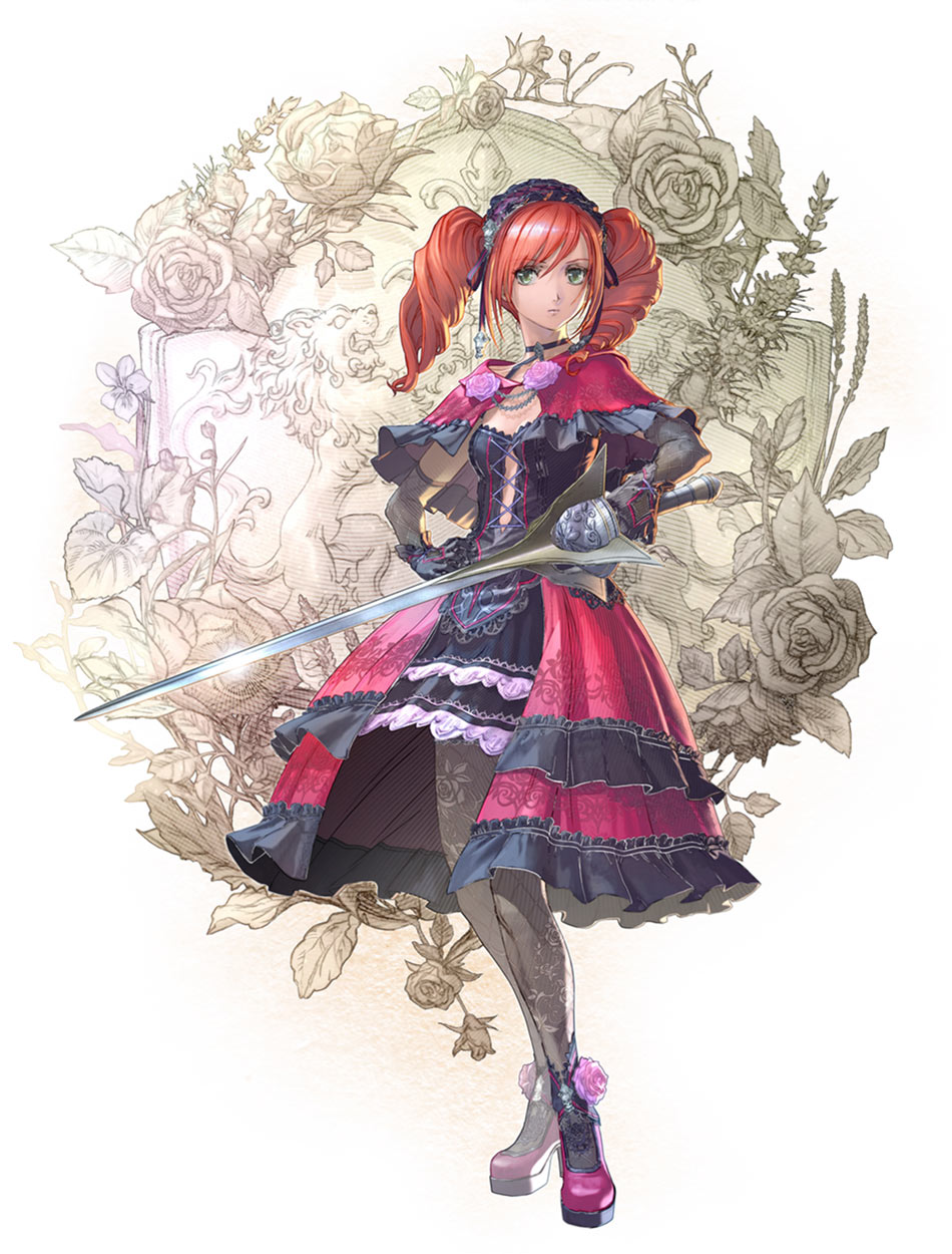 amy_sorel choker dress drill_hair fishnet_legwear fishnets gloves gothic gothic_lolita headdress high_heels highres lips lolita_fashion namco official_art red_hair solo soul_calibur soulcalibur_vi sword thighhighs twin_drills weapon weapons