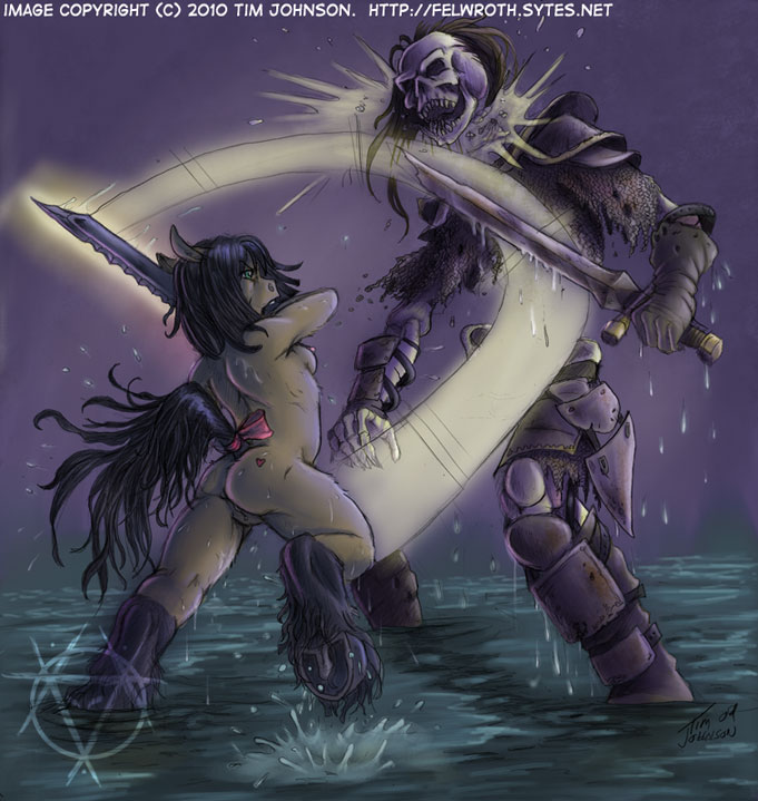 2010 action attack background butt combat crotch_shot equine fantasy female fighting hooves horse lynsharri nipples nude pencils pony pussy size_difference skeleton stasisdelirium sword tail_bow weapon