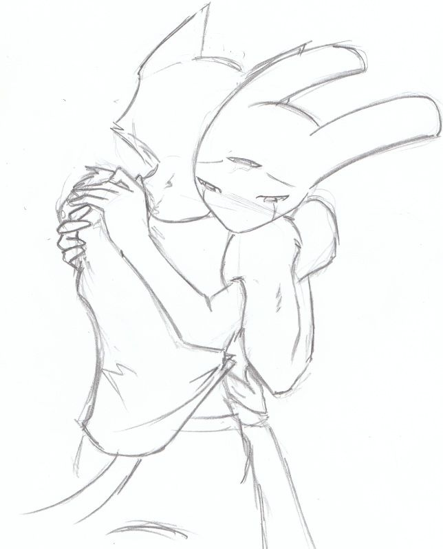 cat couple crying feline female greyscale hug lagomorph line_art male monochrome multiple_arms multiple_eyes pencils rabbit ruby_(rq) ruby_quest straight tears three_eyes tom_(rq)