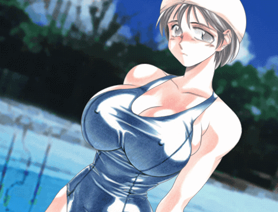 animated animated_gif areola_slip areolae bangs blush bouncing_breasts breasts cleavage cloud covered_nipples day dutch_angle embarrassed frown game_cg grey_eyes grey_hair huge_breasts looking_at_viewer looking_down nipples non-web_source norota_noromi one-piece_swimsuit outdoors photo_background pool poolside public_nudity school_swimsuit short_hair sky solo swim_cap swimsuit swimsuit_pull taisen_hot_gimmick taisen_hot_gimmick_kairakuten tokisaka_mugi topless torn_clothes traditional_media tree upper_body wardrobe_malfunction water