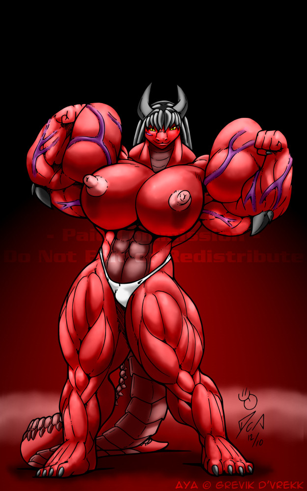 anthro biceps big_breasts breasts do_not_distribute docwolph dragon female hair horn horns hyper muscles muscular_female nipples pose solo tail thong vein veins yellow_eyes