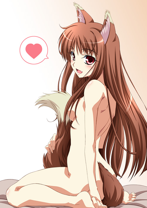 &hearts; animal_ears bed breasts brown_hair canine female hair hentai horo kneeling long_brown_hair long_hair ookami_to_koushinryou ookamimimi red_eyes sitting solo tail tail_stimulation unknown_artist wolf wolfgirl