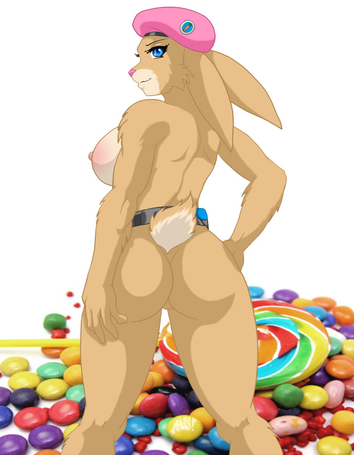 anthro belt beret blue_eyes breasts butt candy commando desingahv easter female fluffy hat holidays hop hop_(movie) jelly_beans lagomorph lapine lollipop looking_at_viewer looking_back mammal nipples nude pink_berets plain_background pose rabbit red_hots side_boob smile solo tail unknown_artist white_background