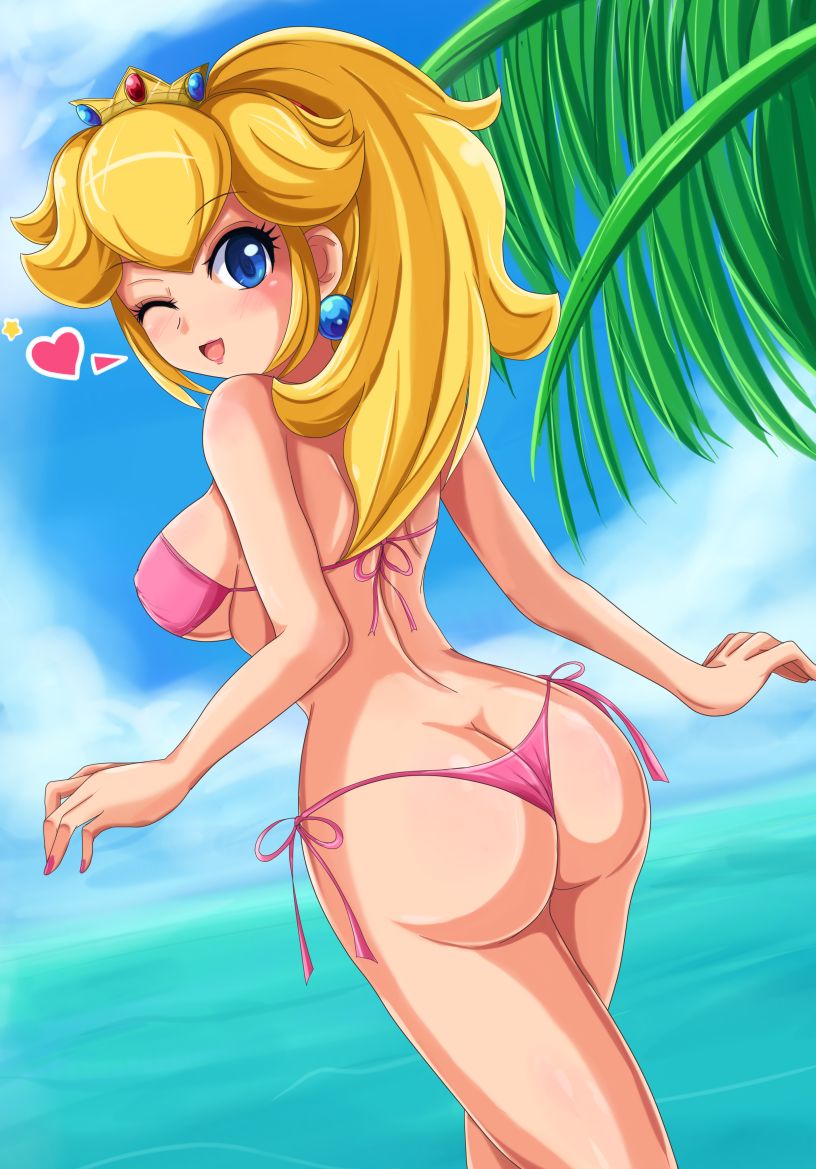 &lt;3 ass bare_shoulders beach bikini blonde_hair blue_eyes blush breasts butt_crack crown curvy earrings exhibitionism female heart hires huge_ass jewelry large_breasts long_hair looking_back nail_polish nintendo nude peach_princess pear_bottom playful ponytail princess_peach sigurd_hosenfeld sigurdhosenfeld smile solo standing string_bikini super_mario super_mario_bros. swimsuit toned wink